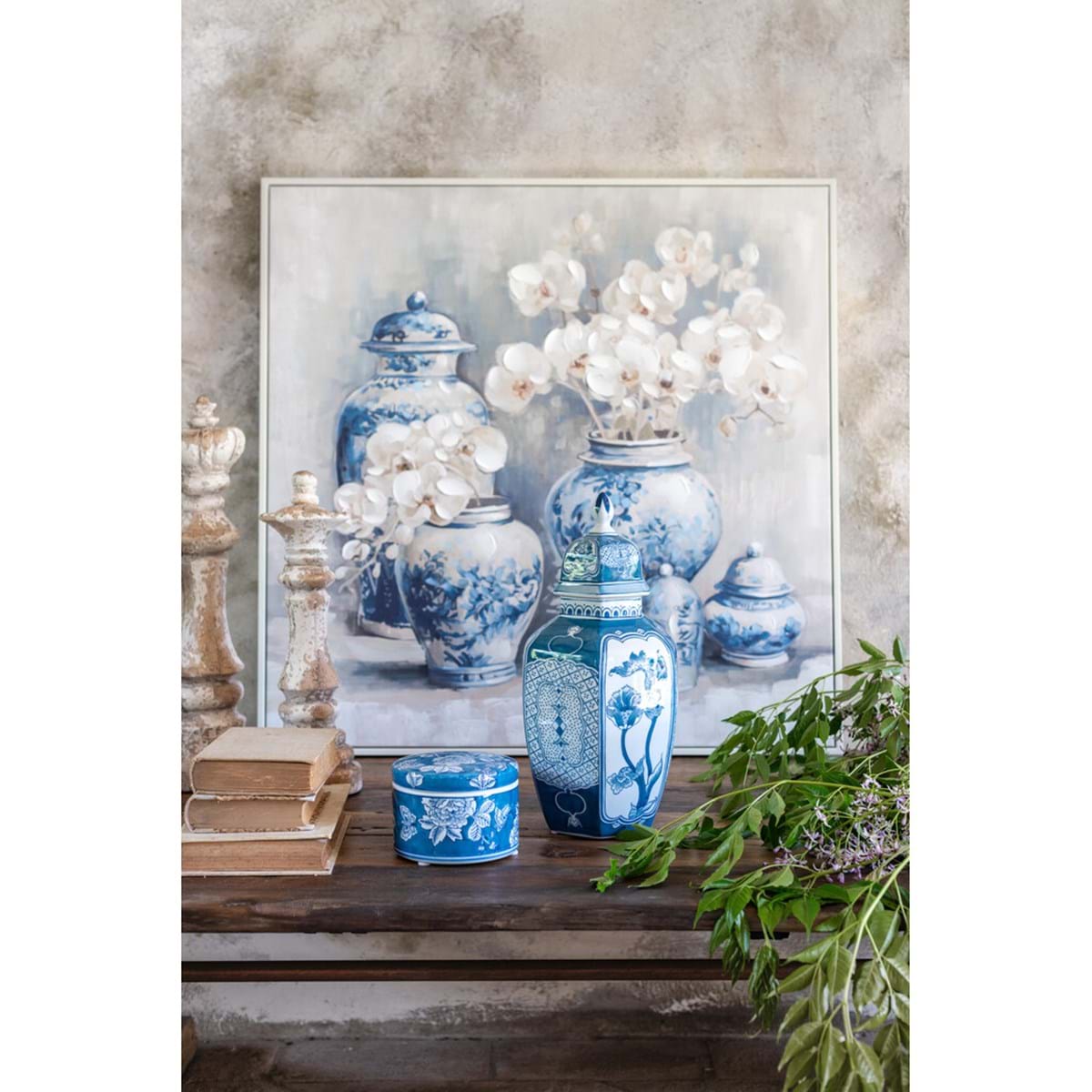 Quadro in tela con vasi blu e fiori bianchi - Linea Racconti - 2 ass -  80x80 cm - Blanc Mariclo