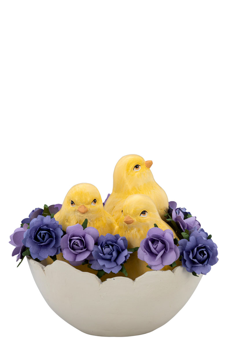 Pulcini nell'uovo in resina con fiori artificiali viola - H.12X14 cm - Hermann Bauer Kollektion