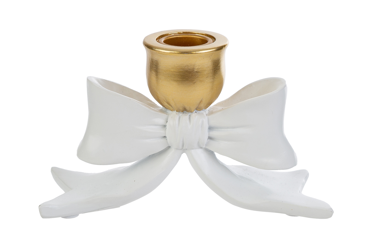 Portacandela dorato in resina con fiocco bianco - H.9x5.5x15 cm - Le Stelle