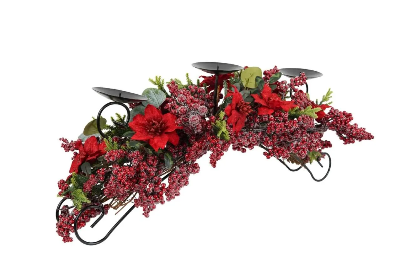 Candelabro con bacche, foglie e stella di natale - 76 cm - Stile'