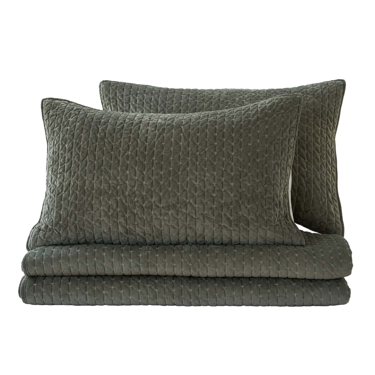 Trapunta matrimoniale in velluto verde 260x260 cm + 2 copriguanciali 50x80 cm - Collezione Notte di Velluto - Blanc Mariclo