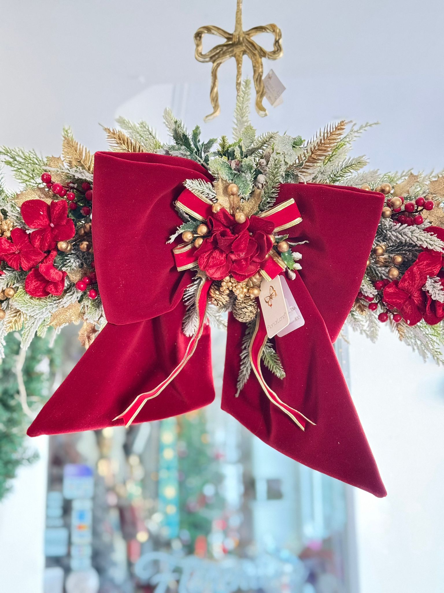 Tralcio innevato con fiocco in velluto rosso - Collezione