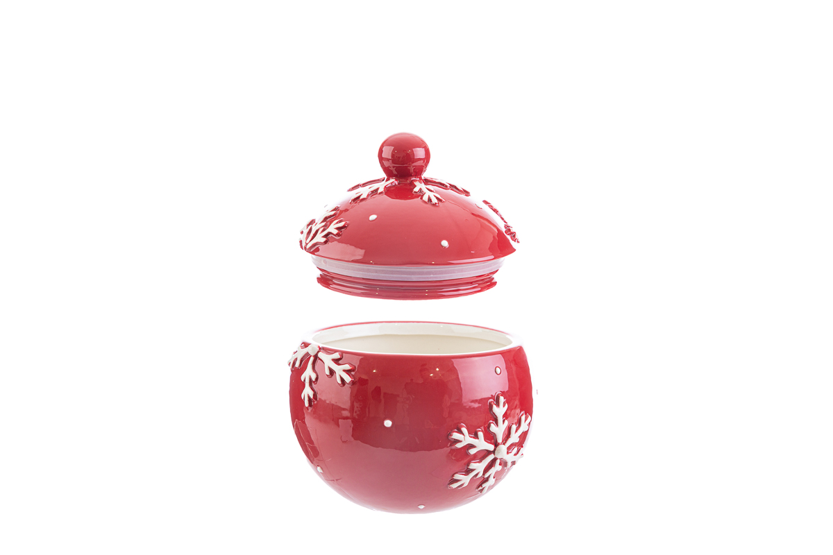 Biscottiera in ceramica rossa c/fiocco di neve - H.14x16 cm
