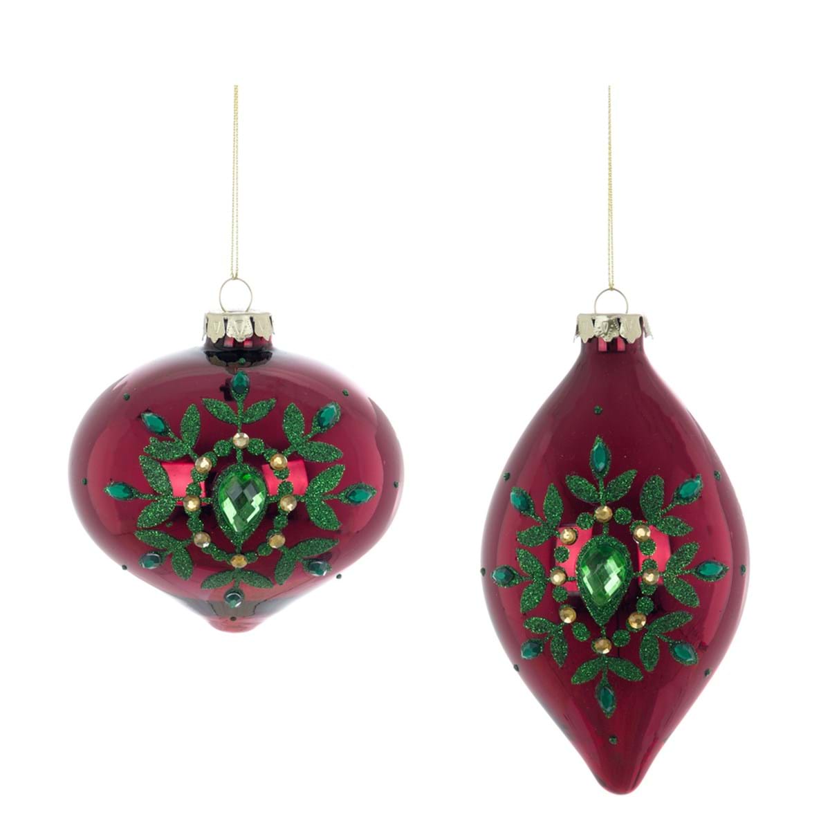 Decorazione natalizia in vetro rosso scuro e verde - 2 varianti - diam.10 cm