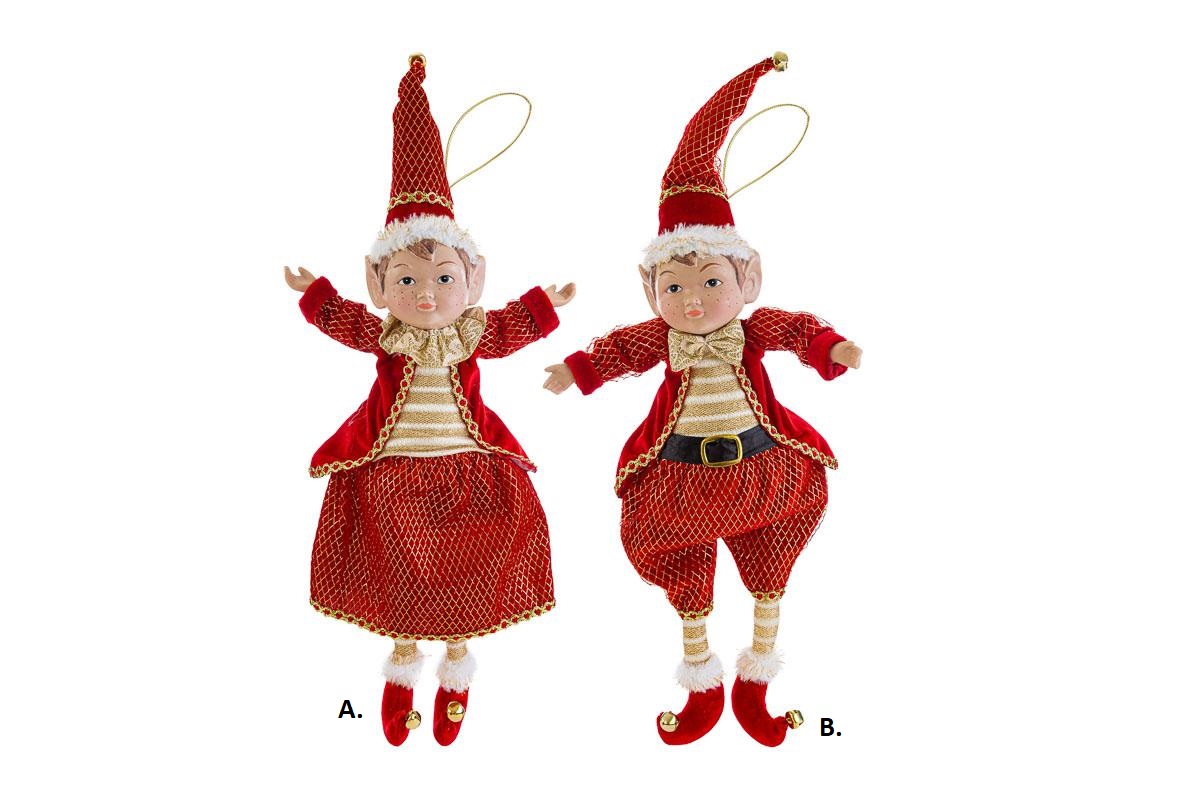 Appendino elfo natalizio rosso in stoffa - 2 ass. - H.52x17 cm