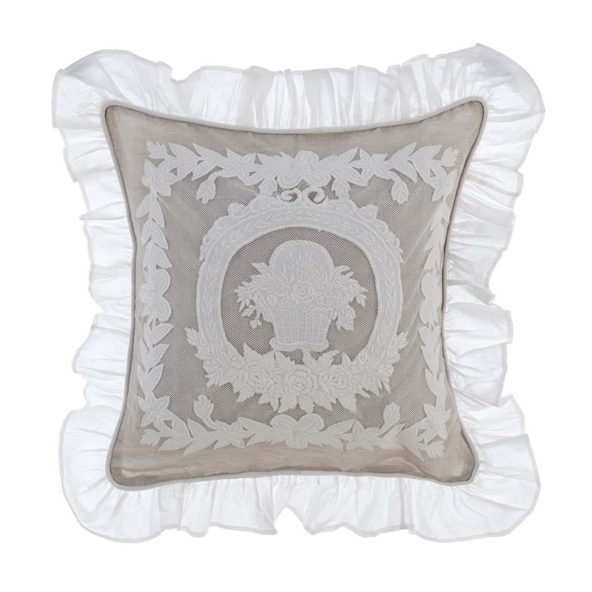 Cuscino in lino e cotone ricamato - Collezione Dentelle - 50x50 cm - Blanc Mariclo