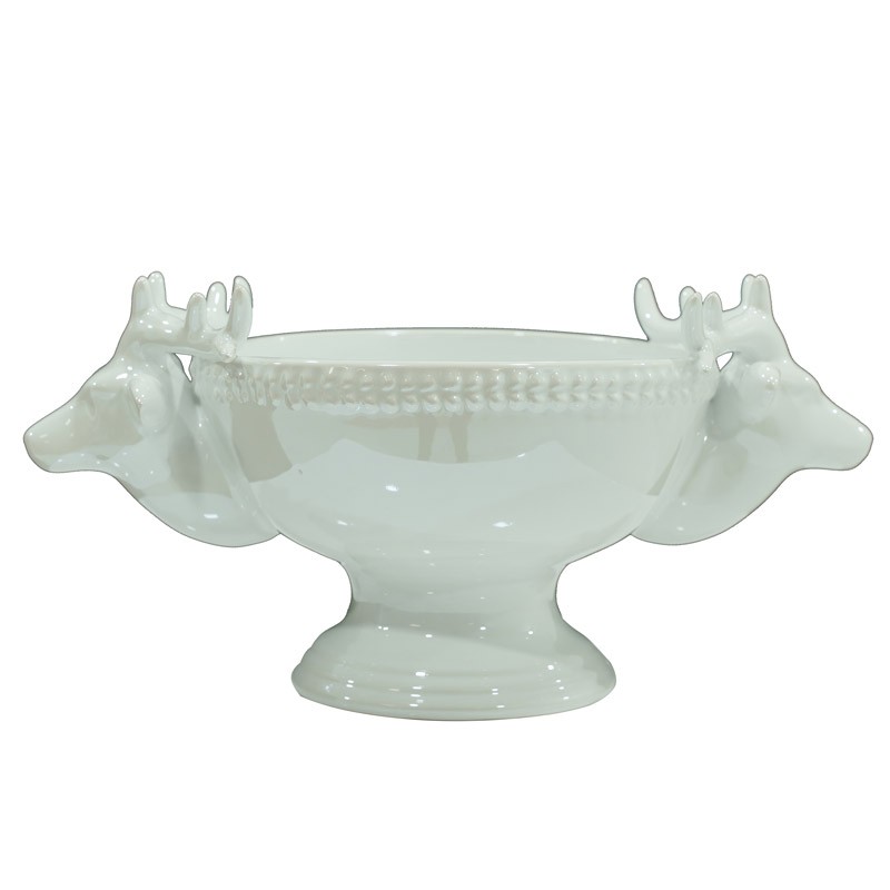 Recipiente in ceramica bianca con teste di renna laterali - H. 11 cm - Stile