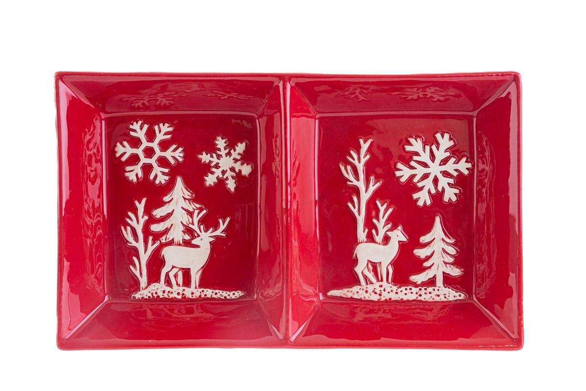 Vassoio natalizio in ceramica fiocco di neve e renne - 26x16 cm