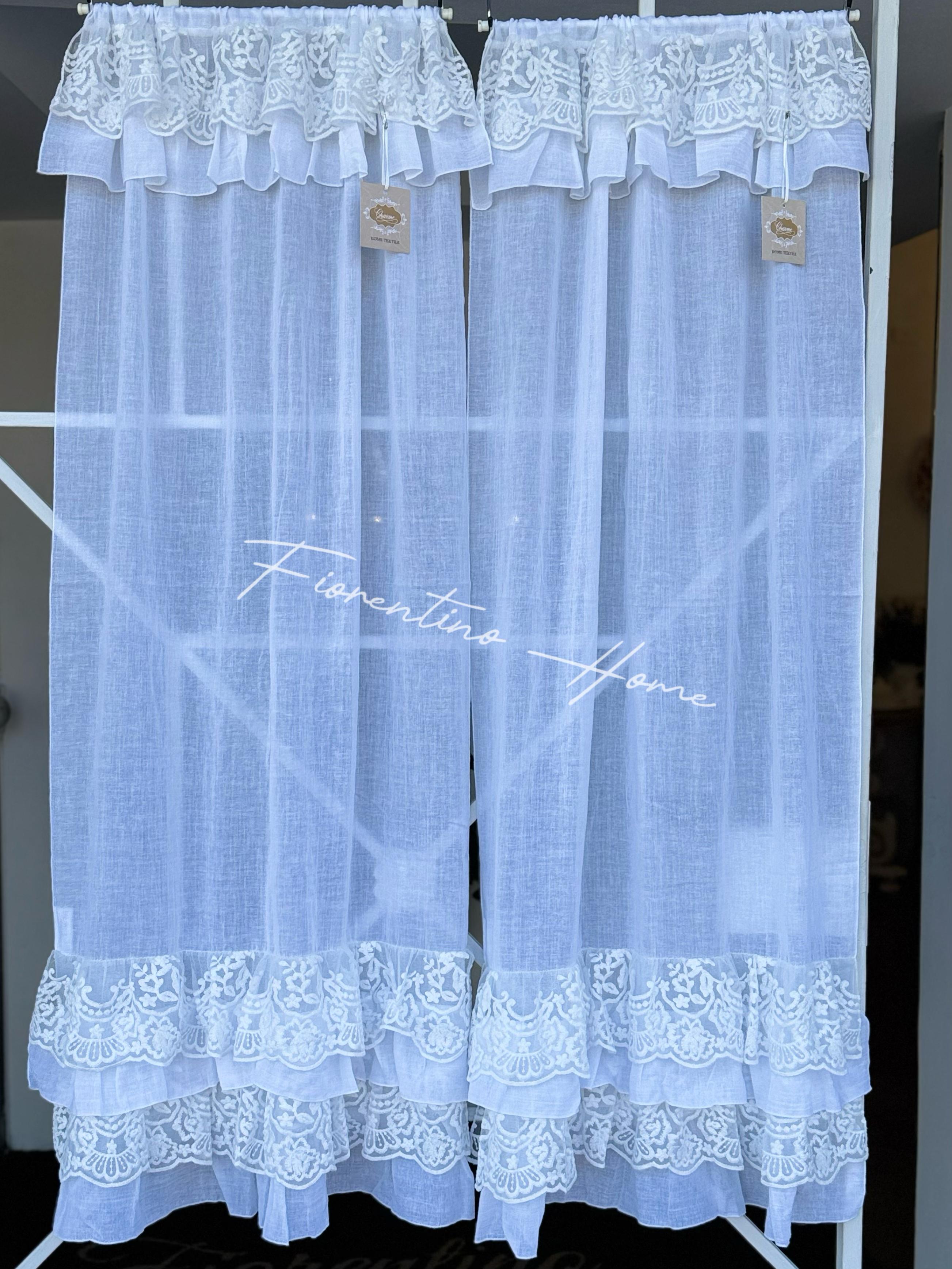 Vetrage in garza di cotone e pizzo Royal con balze bianco - 65x128 cm - Charme Home Textile