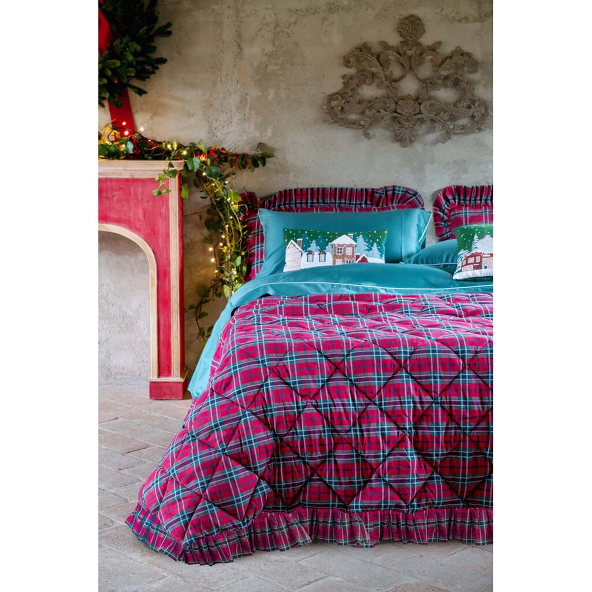 Trapunta matrimoniale scozzese con gala + 2 copriguanciali - 260x260 cm - Blanc Mariclo