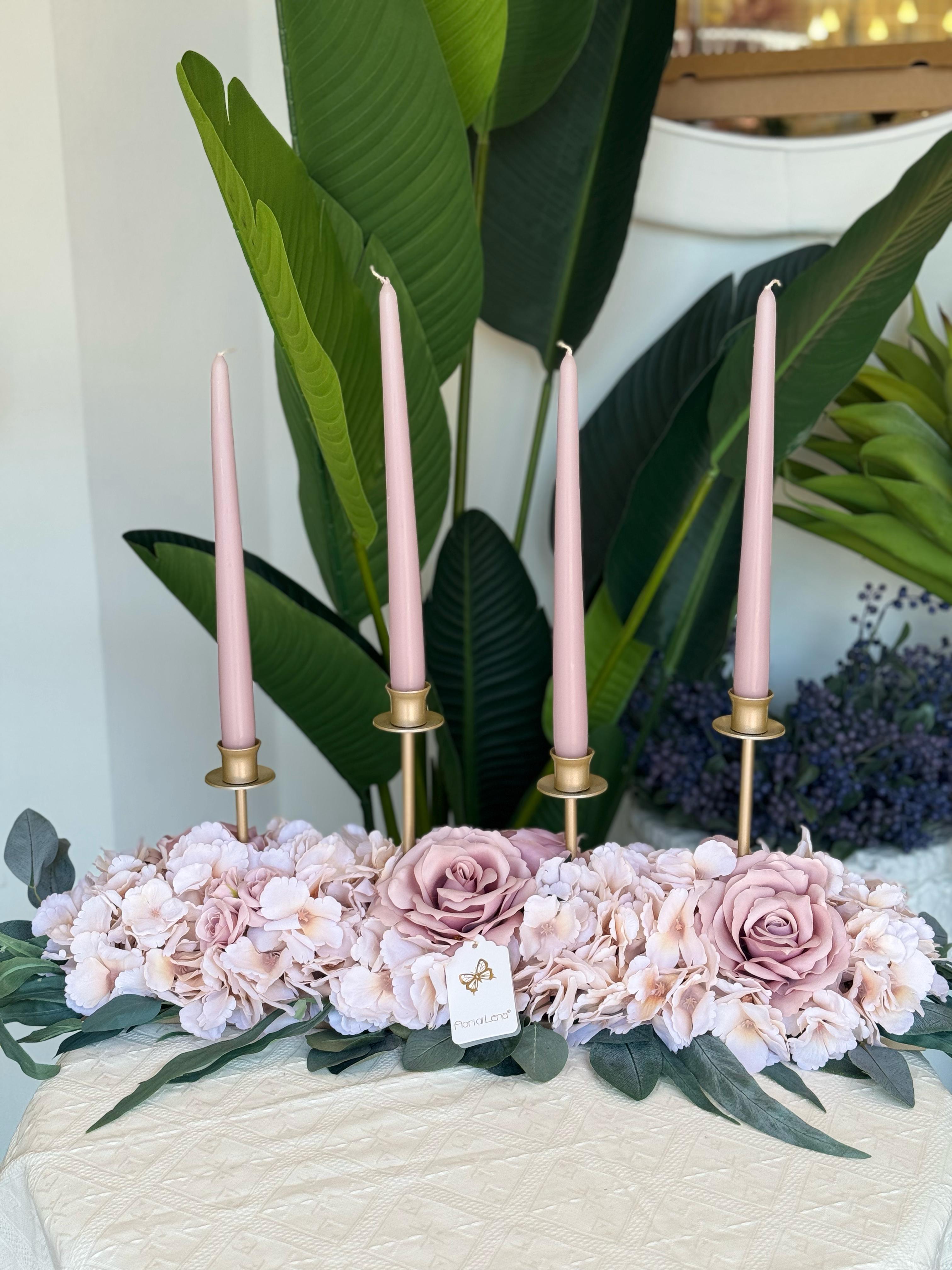Portacandele in ferro oro 4 fiamme c/composizione di rose - 60 cm - Fiori di Lena