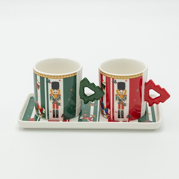 Set di tazzine da caffè + vassoio natalizi in ceramica c/schiaccianoci - 8 cm - E.L.
