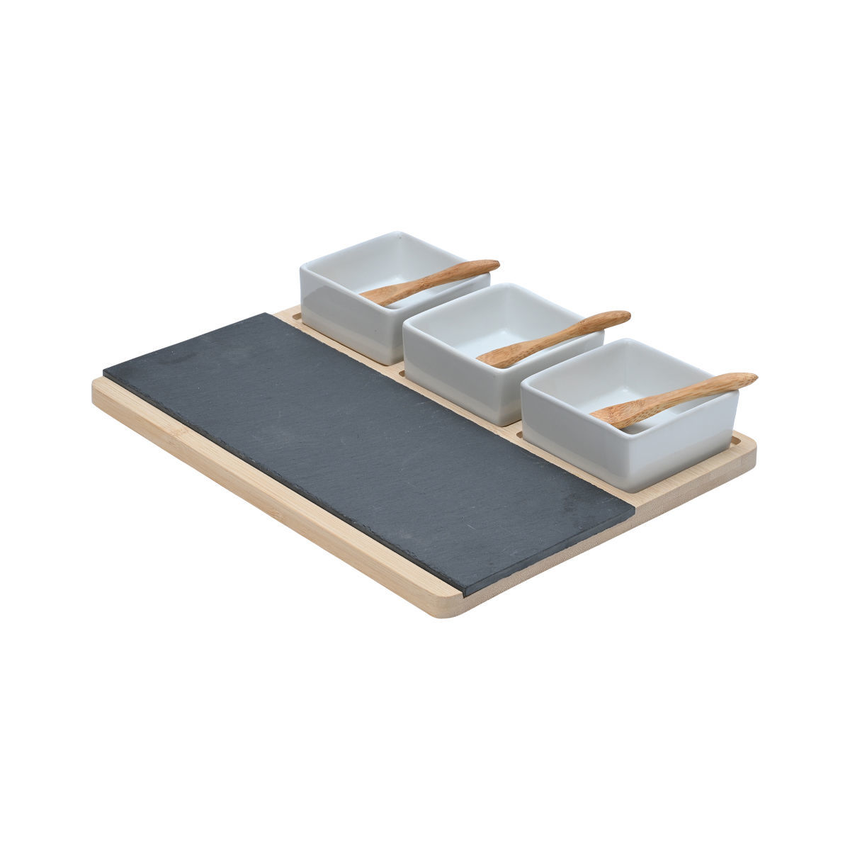 Piatto da portata in ardesia con base in legno e 2 ciotole con cucchiaio - 28x11 cm - Estia