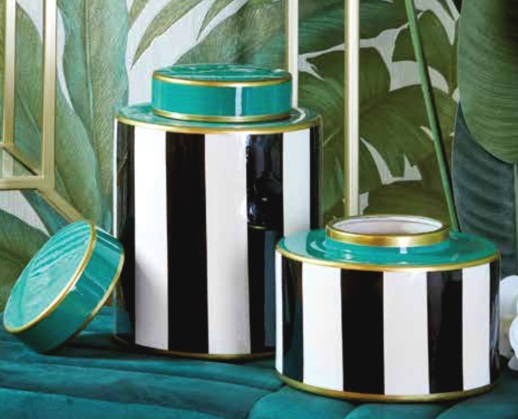 Potiche cilindrica bassa verde con righe bianco e nero - Linea Vogue - 20x16 cm - Fade