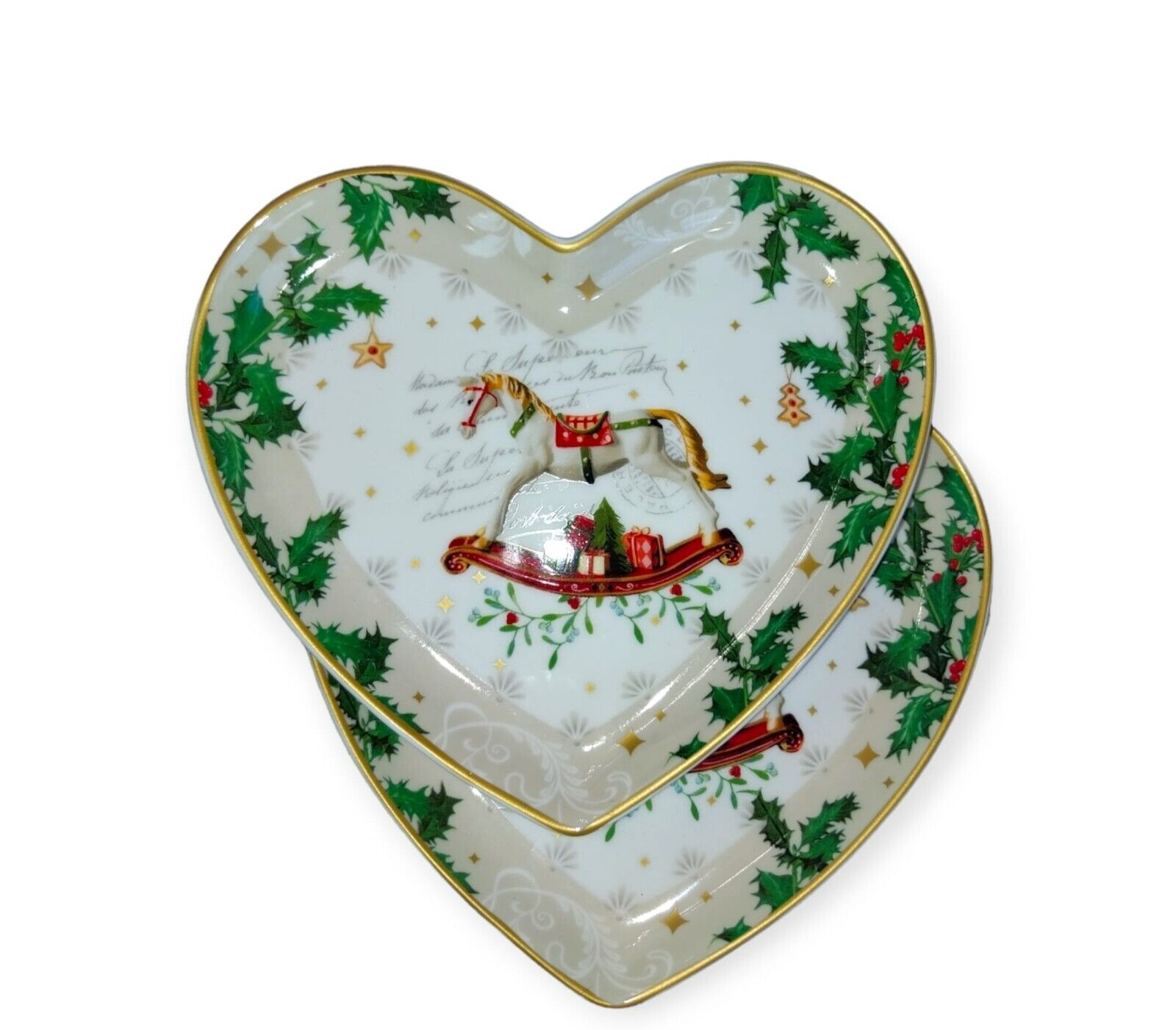 Set 2 piattini a cuore in porcellana con stampa cavallo a dondolo - 16x18 cm - Fade