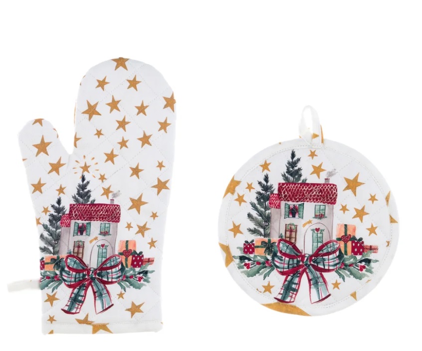 Set guantone e presina in cotone imbottito con stampa natalizia - Collezione Un Natale italiano 2023 - Blanc Mariclo