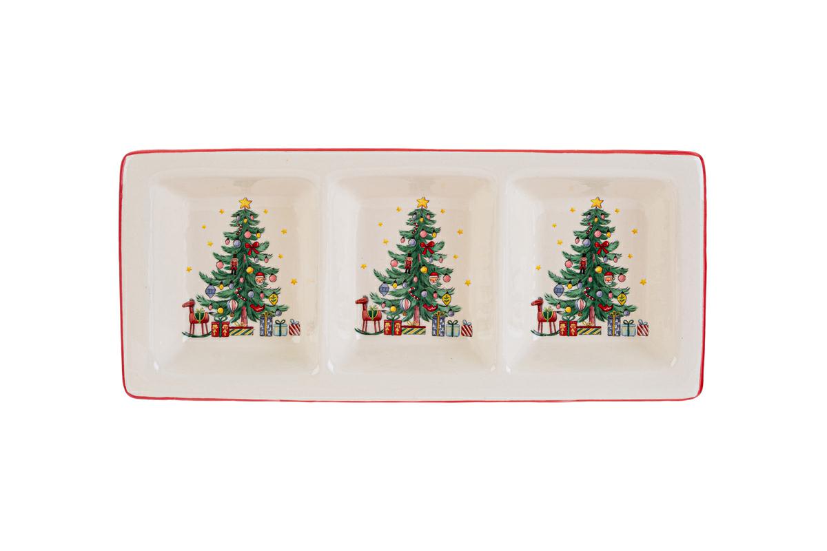 Vassoio in ceramica con scomparti con albero di natale - 31x13 cm
