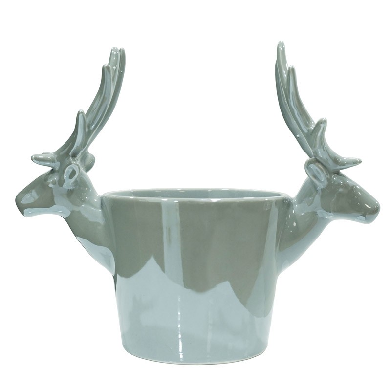 Vaso in ceramica grigio con teste di renne laterali - H. 22cm - Stile