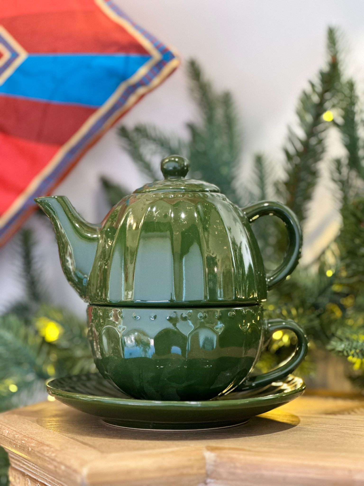 Tea for one con piattino in ceramica verde bosco - 16x16 cm - Linea Sunday - Nuvole di Stoffa