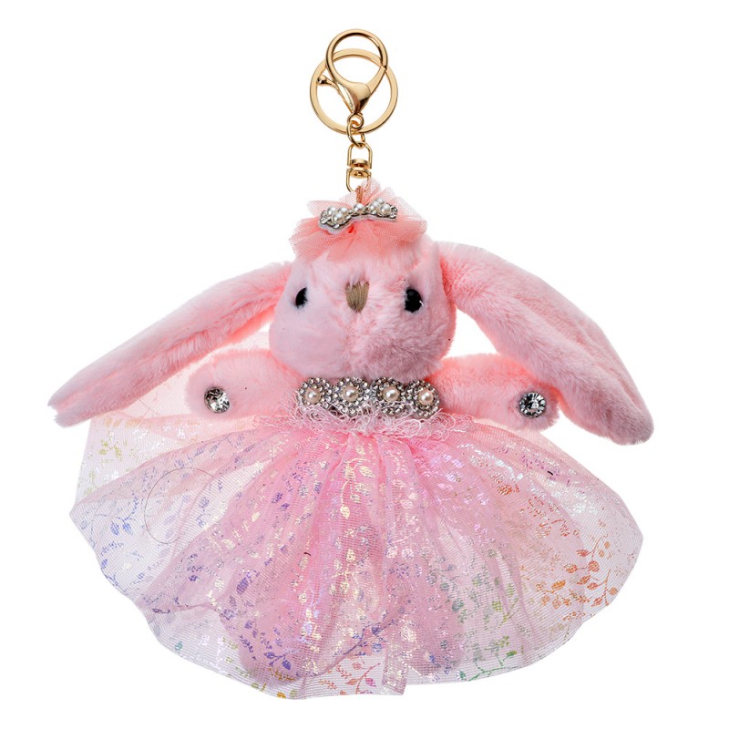Portachiavi coniglio rosa in peluche c/vestitino - H.15 cm - Clayre e Eef