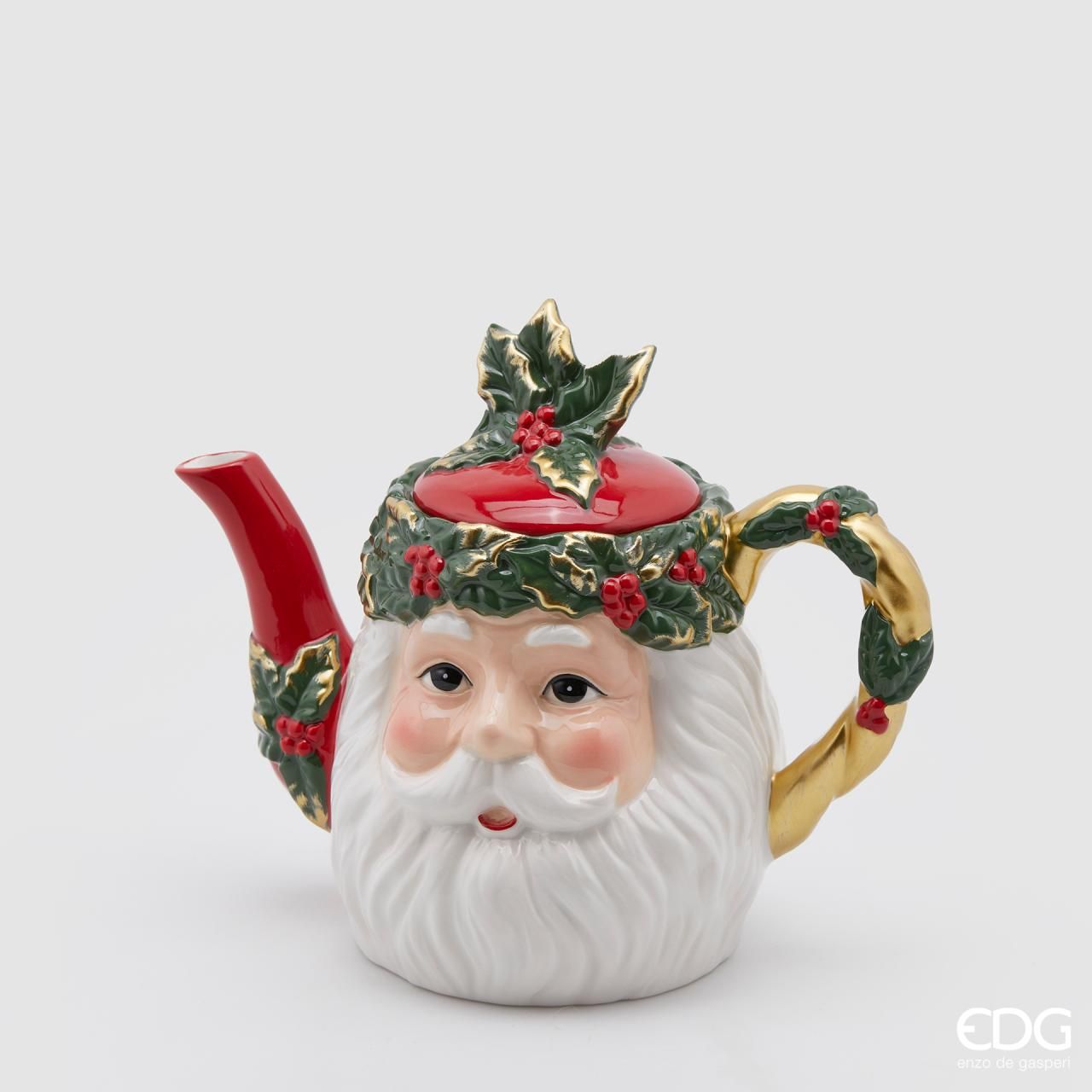 Teiera in ceramica testa babbo natale con agrifogli - H.19x23x13 cm - EDG