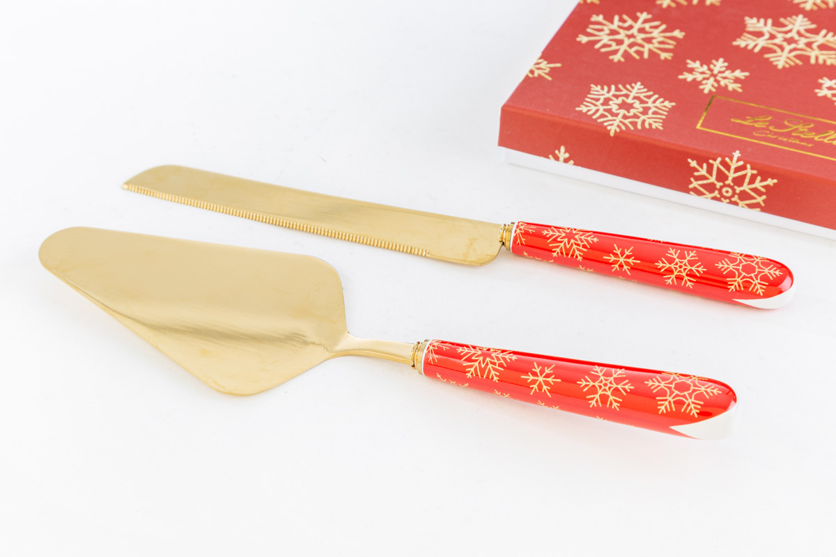 Set 2 pezzi taglia torta oro con manico natalizio rosso - 15 cm