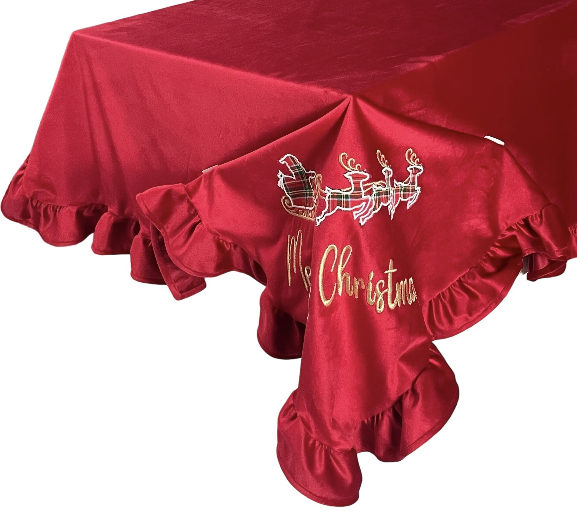 Tovaglia natalizia sartoriale in velluto rosso con stampa slitta - 2 varianti - 145x270 cm