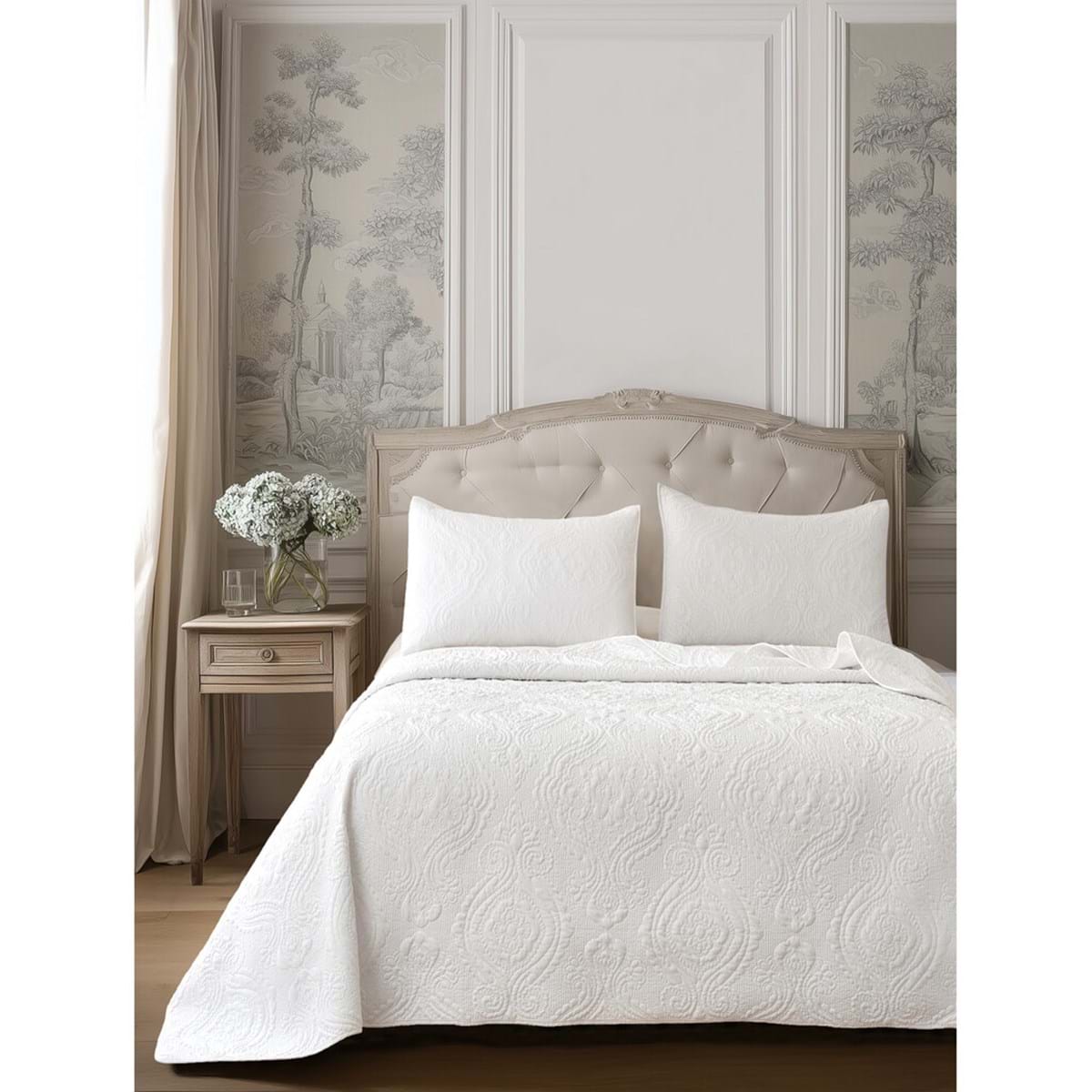 Trapuntino matrimoniale in cotone e microfibra bianco + copriguanciali - Ricamo di Cotone - 260x260 cm - Blanc Mariclo