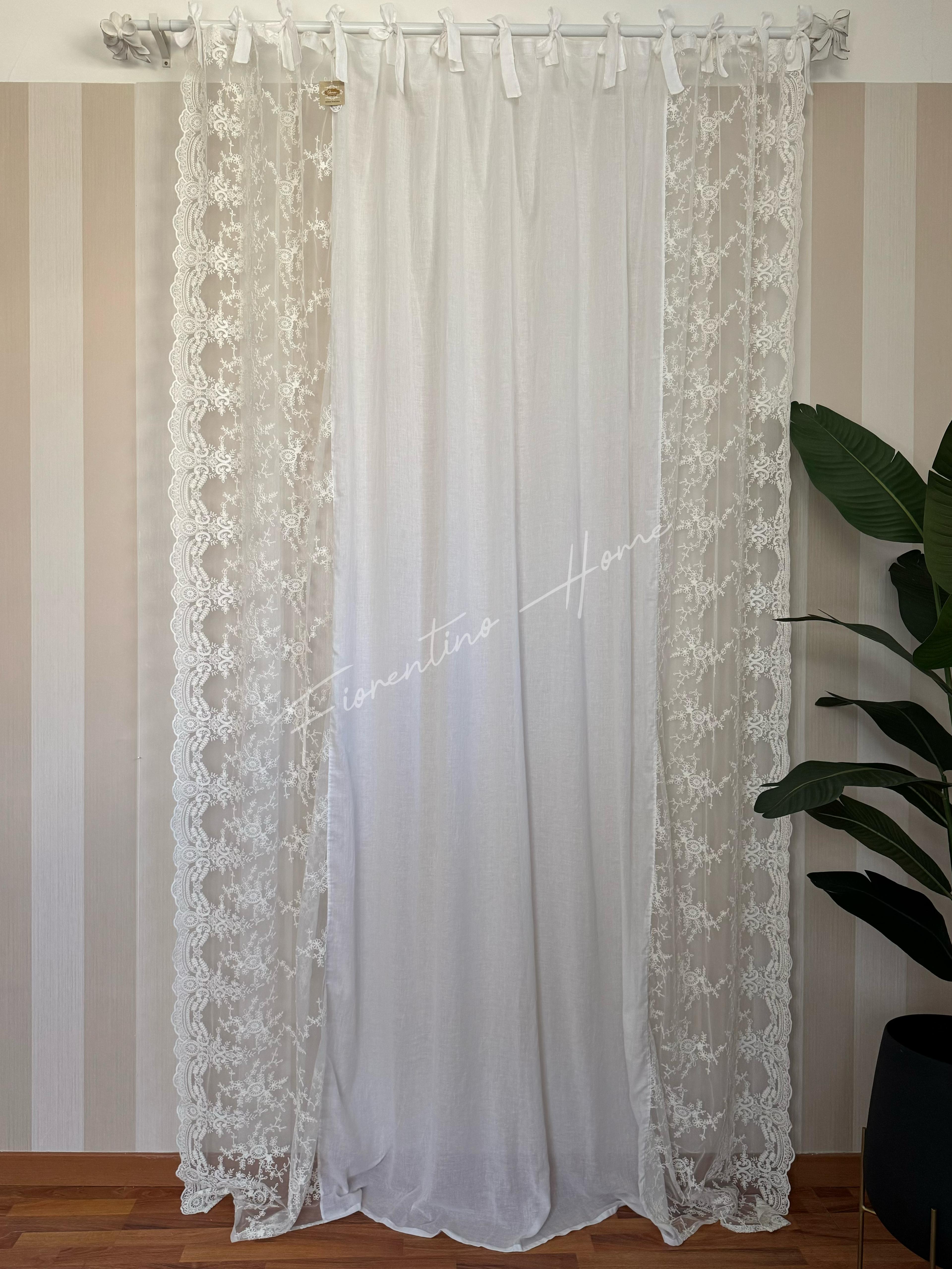 Tenda mod.Rococo in pizzo e cotonebianco naturale - 260x300 cm - Charme Home Textile