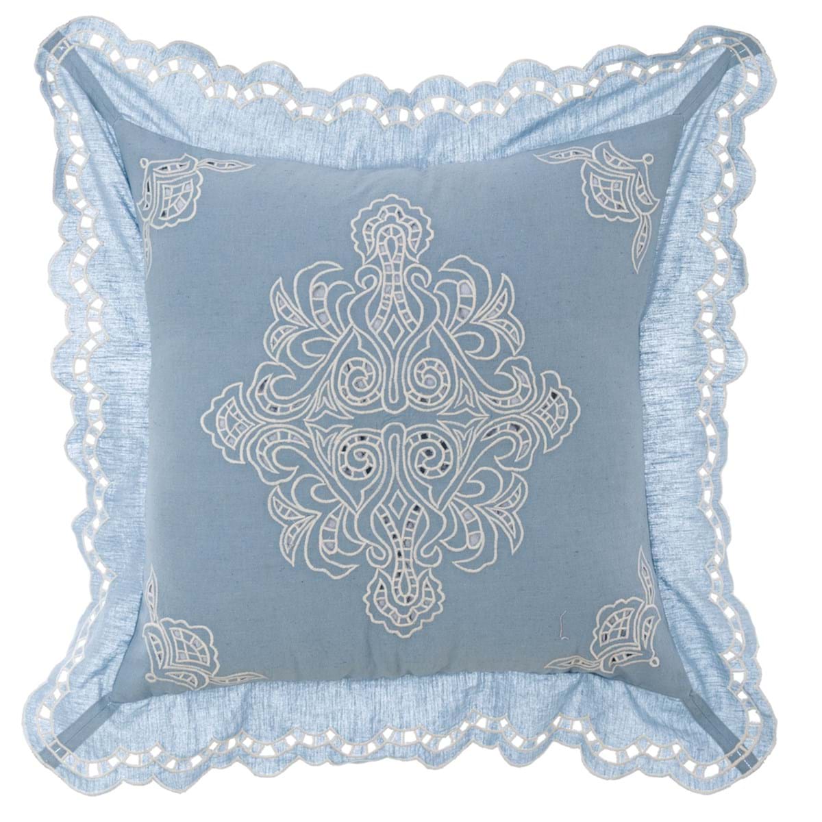 Cuscino arredo c/gale in cotone e lino azzurro - Linea Brezza di Sangallo - 45x45 cm - Blanc Mariclo