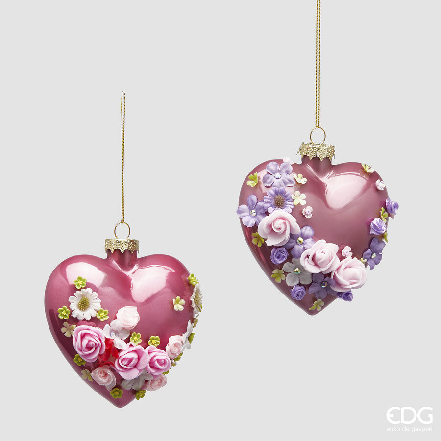 Cuore in vetro da appendere con fiori a rilievo - 2 varianti - 10 cm - EDG