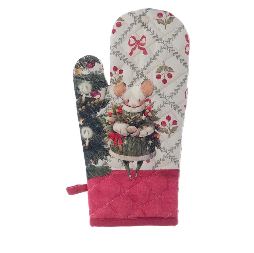 Set guantone + 2 presine in cotone natalizio -Collezione Favola di Natale 2025 - 18x32 +20x20 cm - Blanc Mariclo
