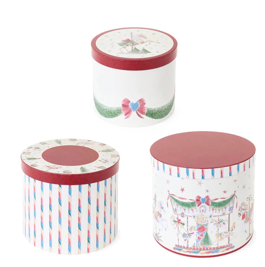 Set 3 scatole natalizie tonde Giostra - 20-23-26 cm - Nuvole di Stoffa