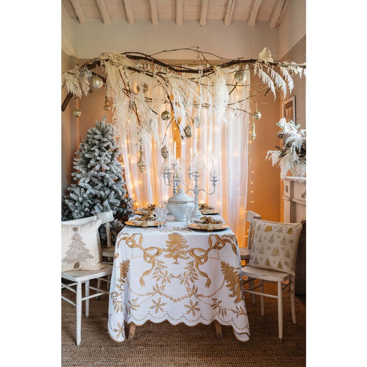 Tovaglia natalizia in cotone bianca con rifiniture oro - 120x120 cm - Collezione Shiny Christmas - Blanc Mariclo