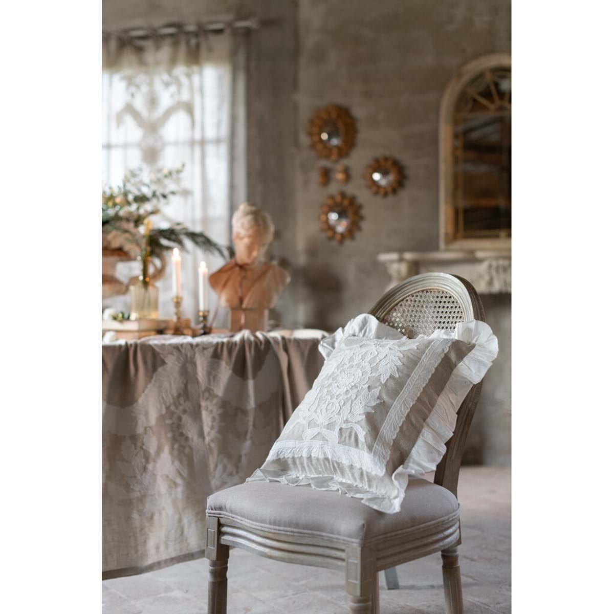 Cuscino arredo in lino e cotone con ricamo - Collezione Dentelle - 50x50 cm - Blanc Mariclo