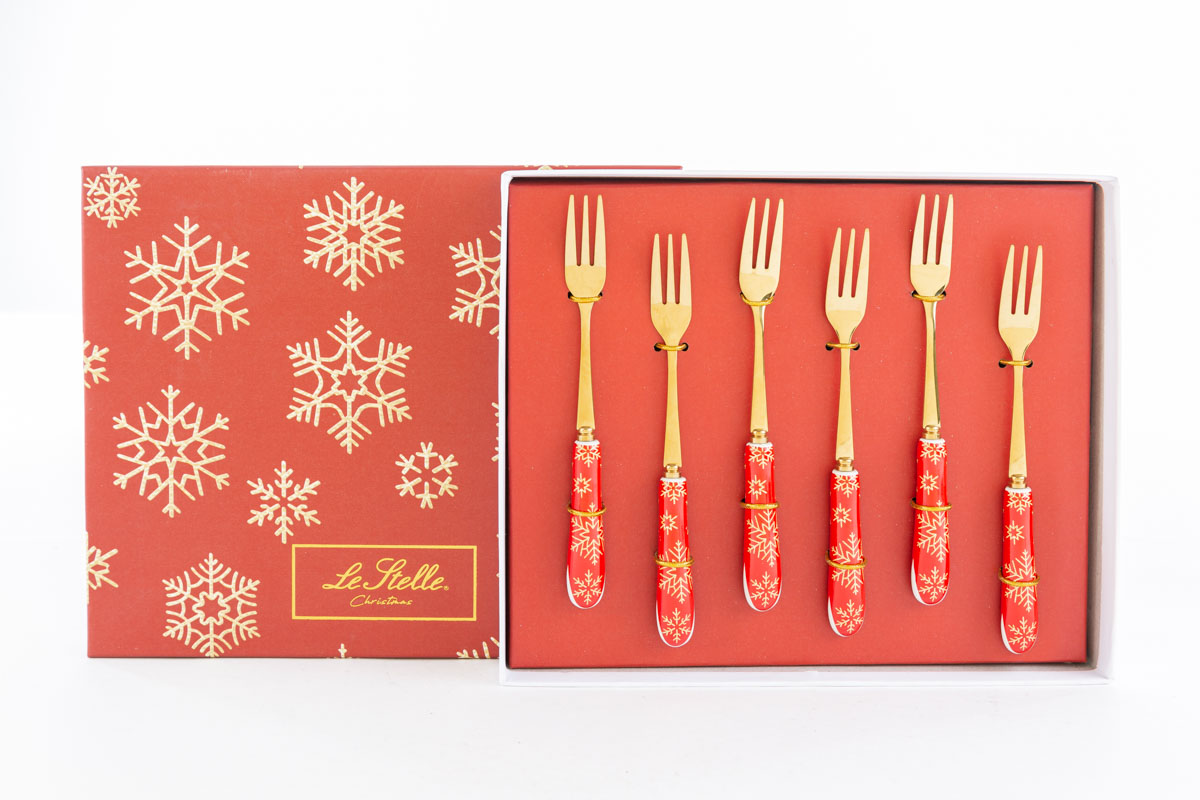 Set 6 forchettine da dolce con manico natalizio rosso - 15 cm