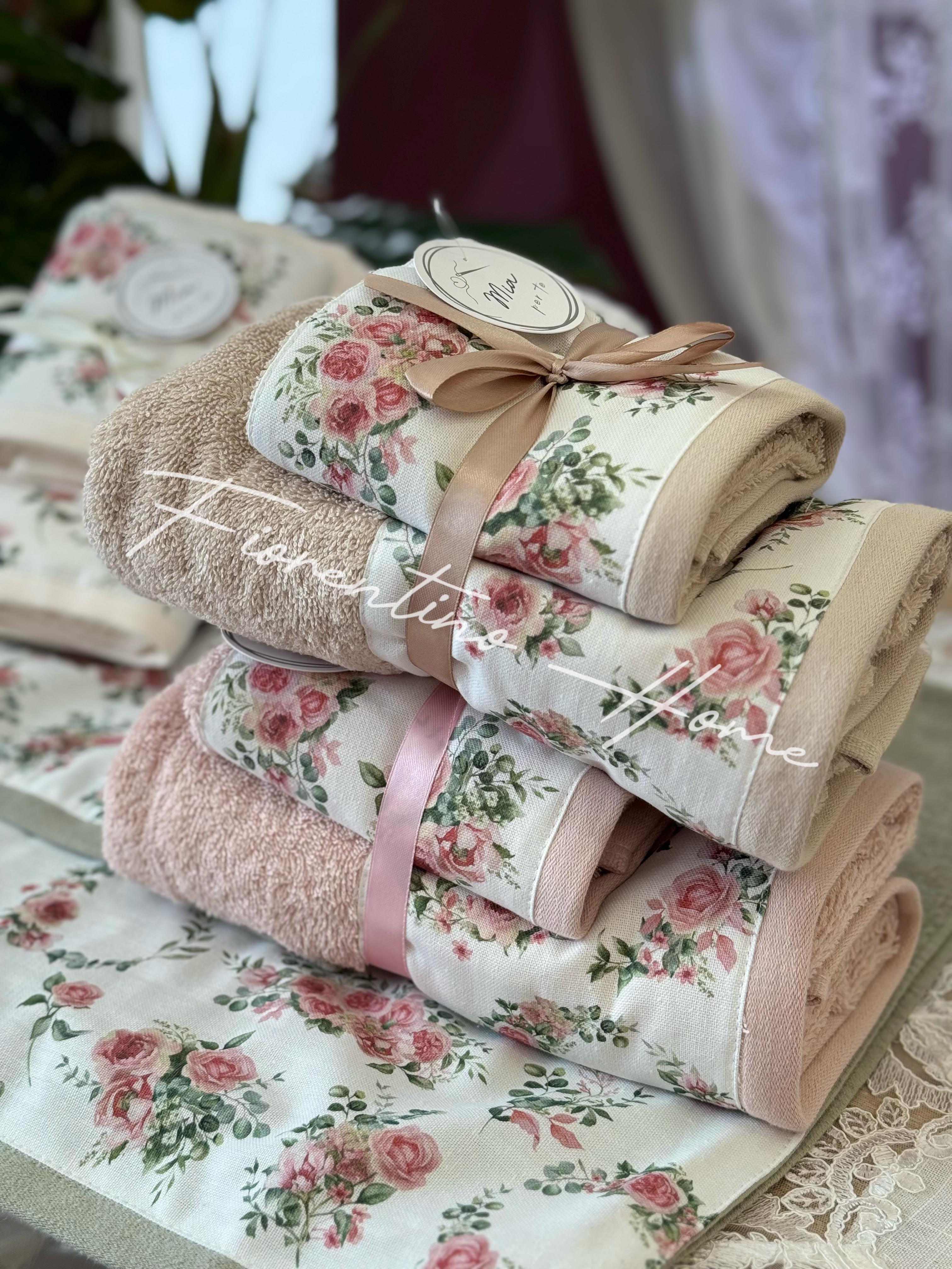 Set asciugamani viso+ospite in cotone con fascia floreale LEDA - vari colori -  40x60+104x60 cm - Mia per Te