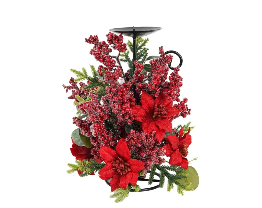 Candelabro con bacche, foglie e stella di natale - H.33 cm - Stile'