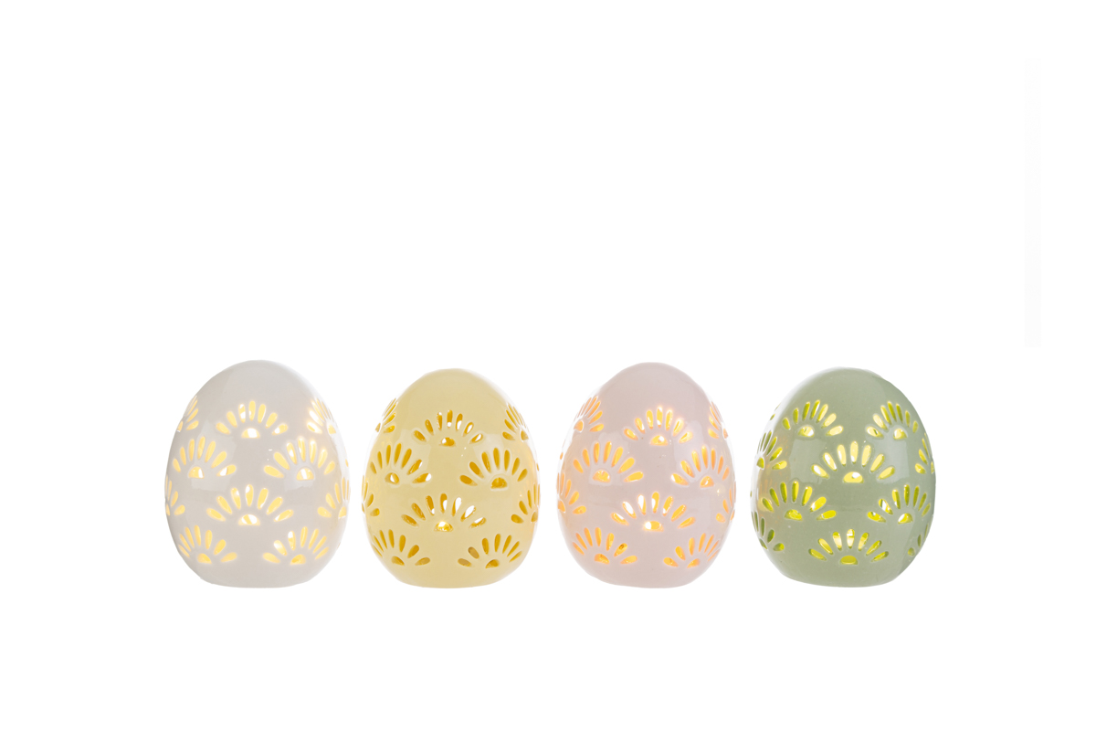 Uova in porcellana traforata c/luce led - 4 colori ass. - H.8.5x7 cm - Le Stelle
