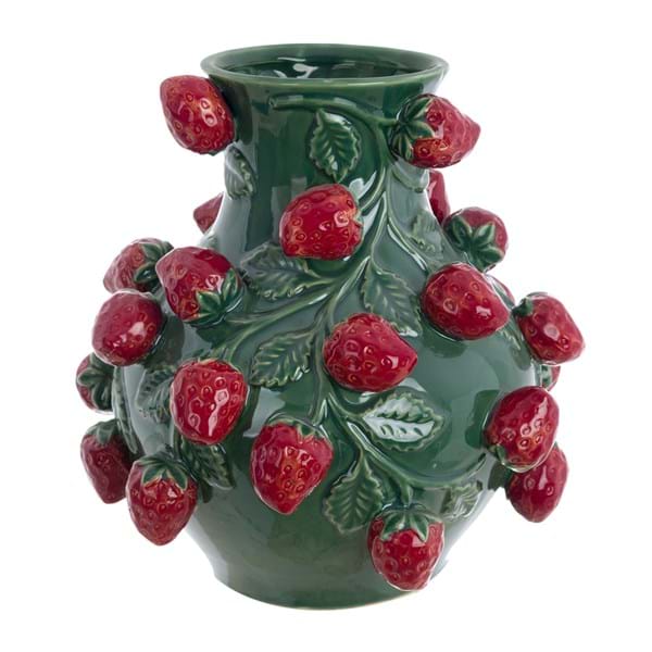 Vaso in ceramica verde con fragole - Collezione Aegeo - H.32 cm - Blanc Mariclo
