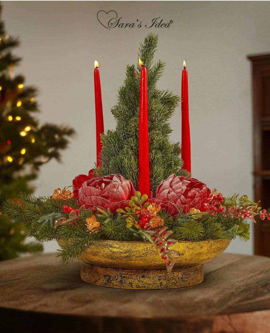 Centrotavola natalizio con albero con base in metallo oro - Sara's Idea