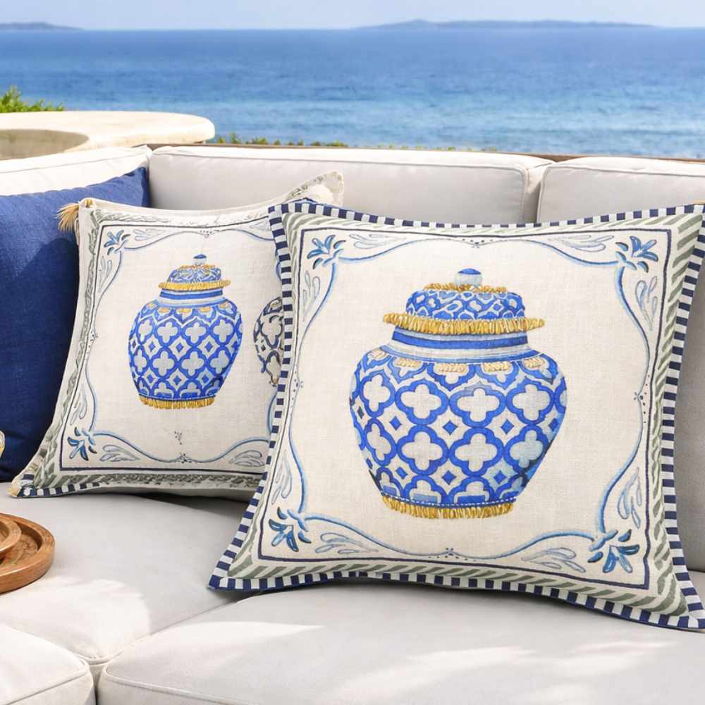 Cuscino arredo in cotone c/vaso blu - Linea Santorini - 45x45 cm - Clodette