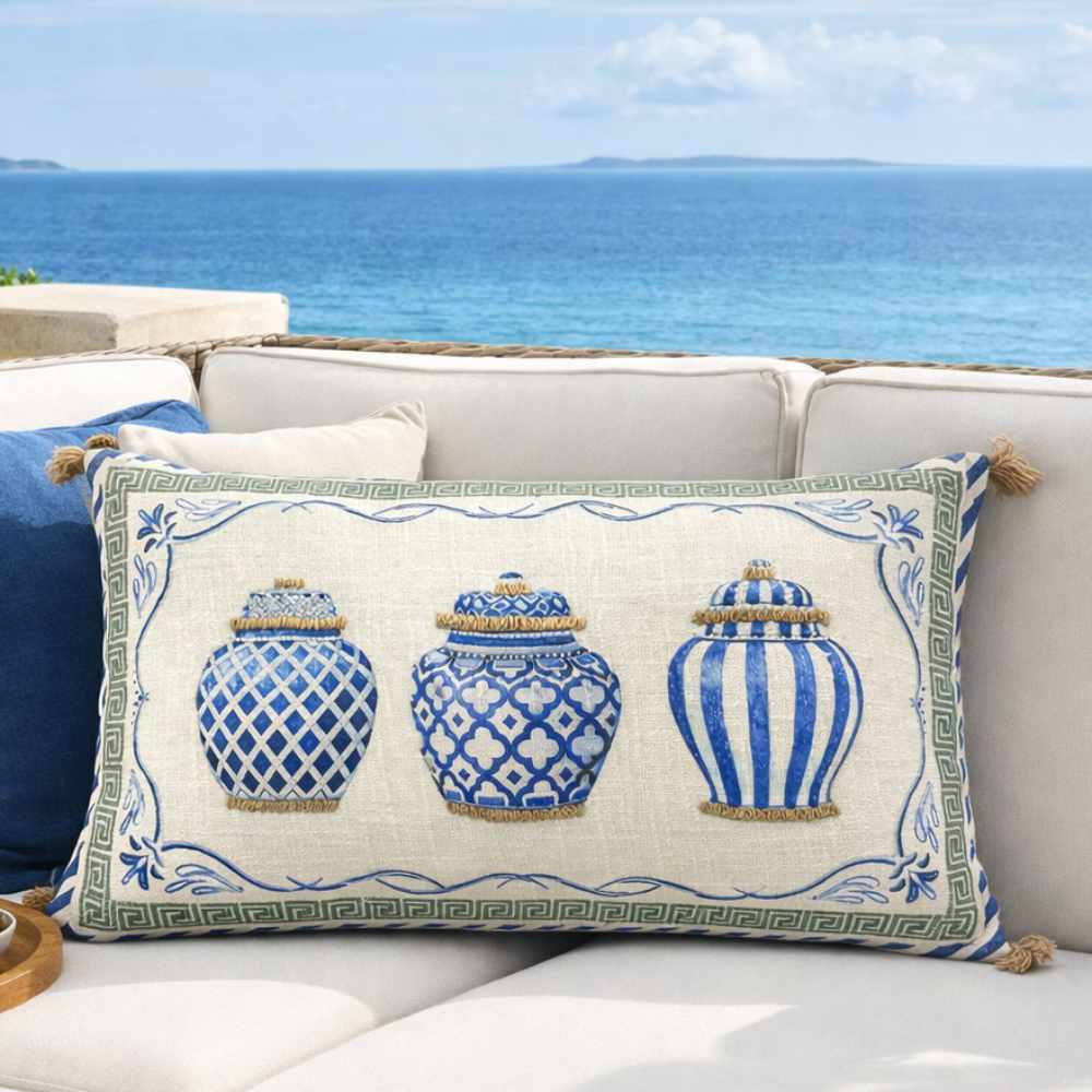 Cuscino arredo in cotone c/vasi blu - Linea Santorini - 50x35 cm - Clodette