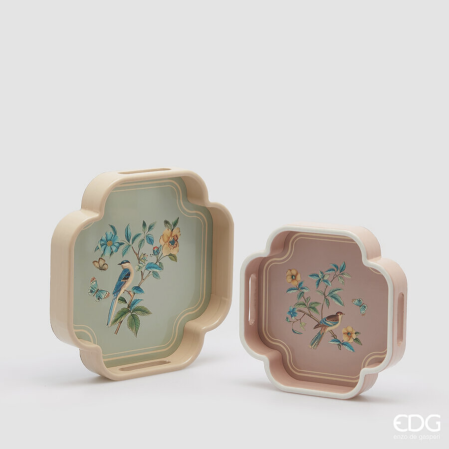 Set 2 vassoi decorativi in legno lucido c/uccellini - H 5x30x30 cm - EDG