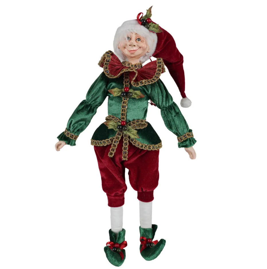 Elfo natalizio giacca verde e pantaloni bordeaux in velluto - H.40 cm - Stile'