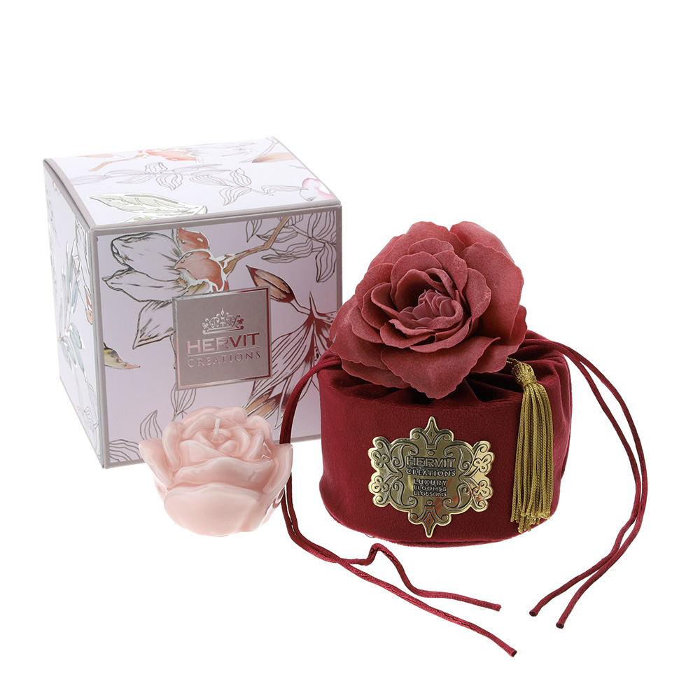 Secchiello in velluto con fiore a petali di sapone e candela bordÃ² - 10x10.5 cm - Hervit