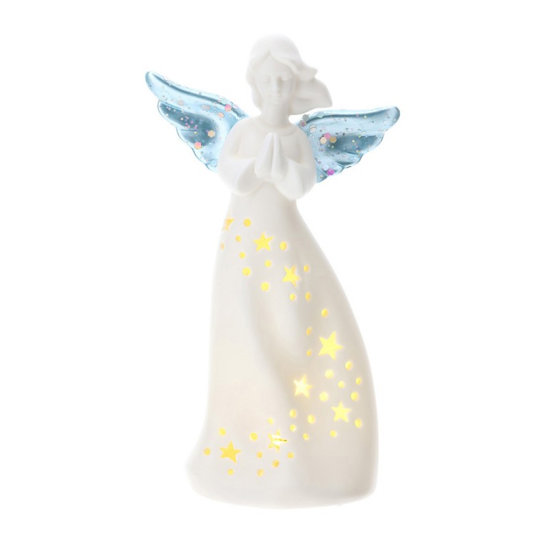 Angelo in porcellana biscuit ali celeste con luce led - 18 cm - Hervit