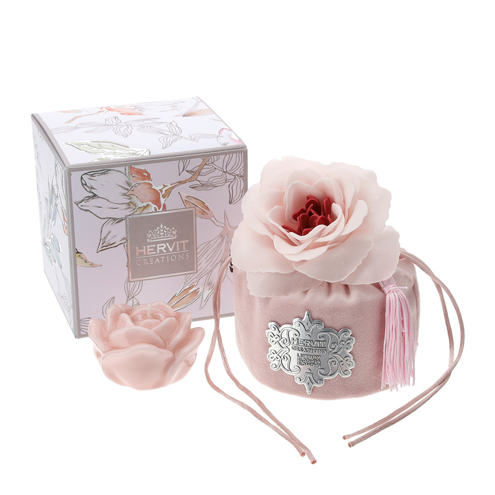Secchiello in velluto con fiore a petali di sapone e candela rosa - 10x10.5 cm - Hervit
