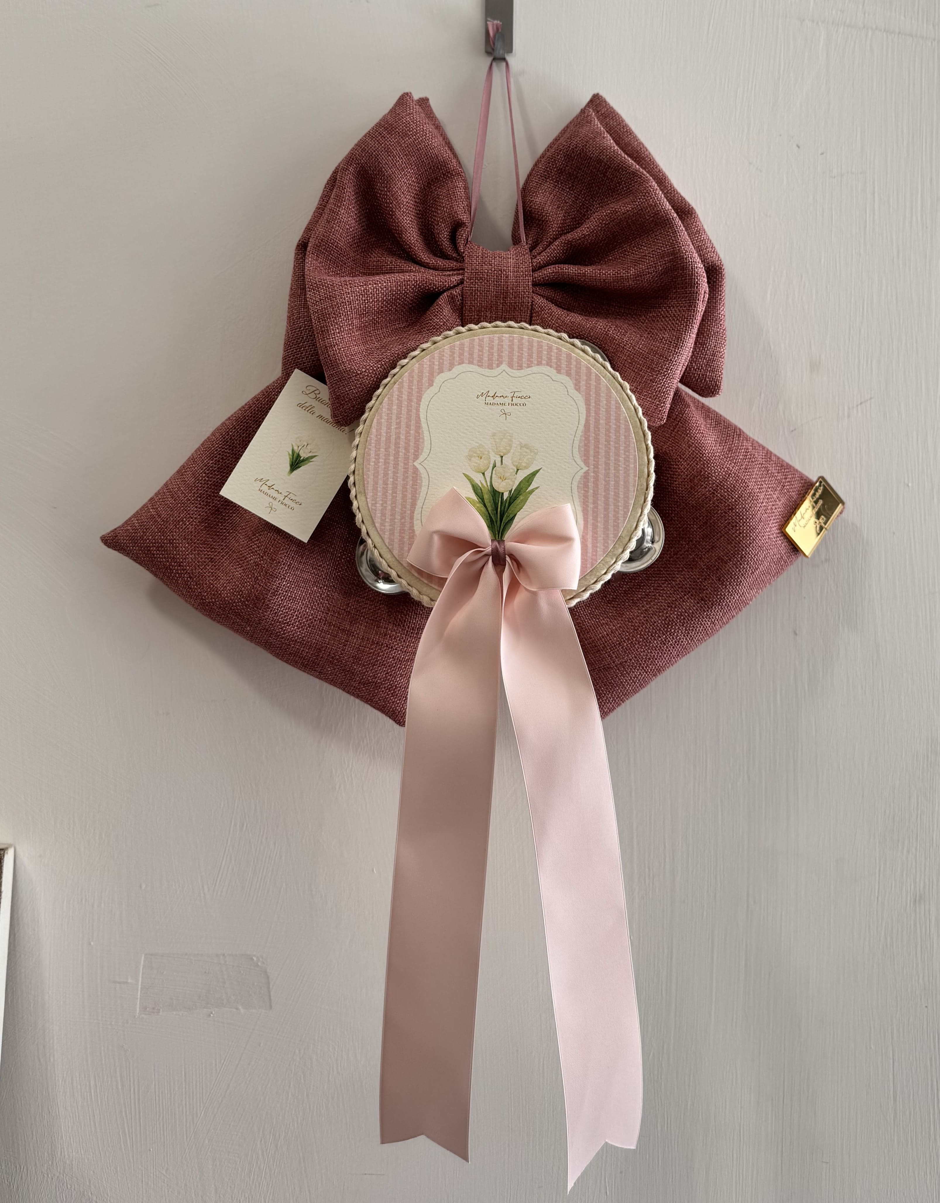 Fiocco rosa con tamburella Tulipani Bianchi - H.35 cm - Madame Fiocco