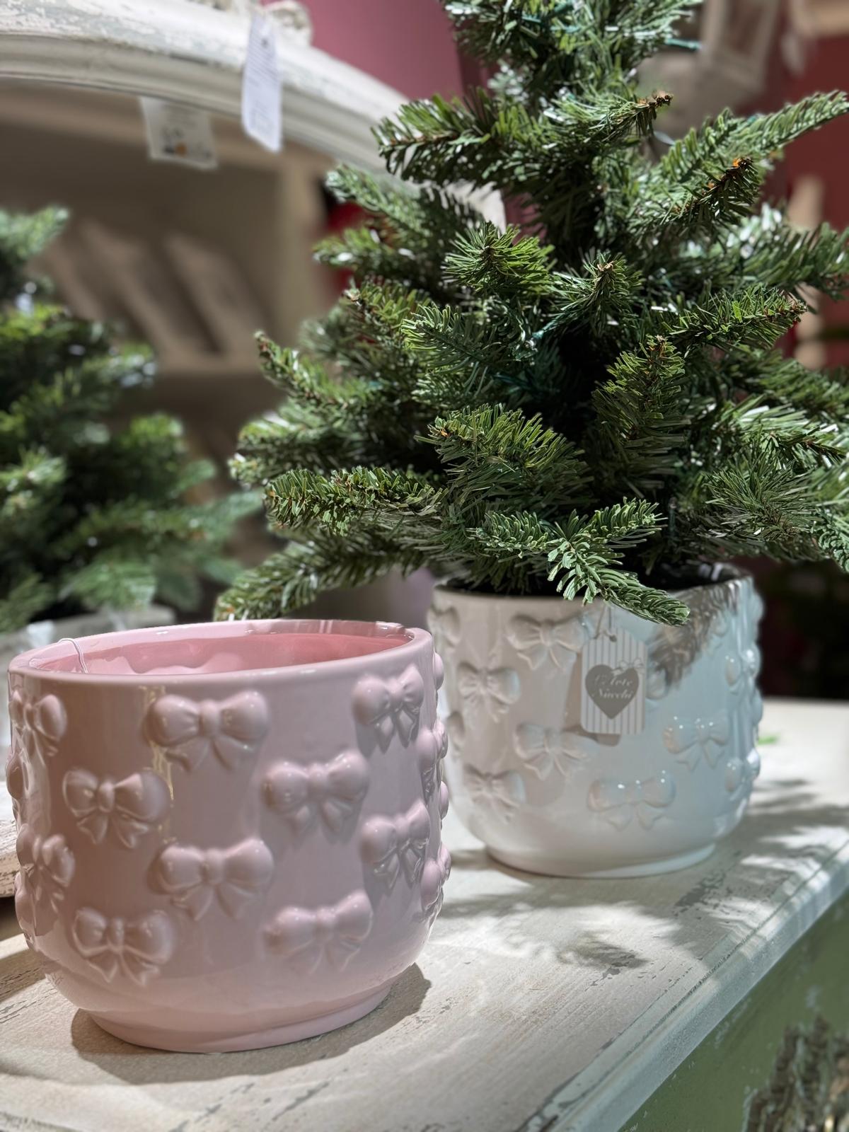 Vaso in ceramica con fiocchi Linea Ribbon - rosa/bianco - H.15x17 cm - L'arte di nacchi